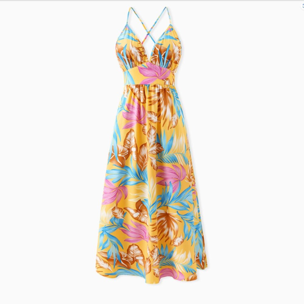 Yellow Women Tropical Leaf Print Strap Dress S, M, L, XL